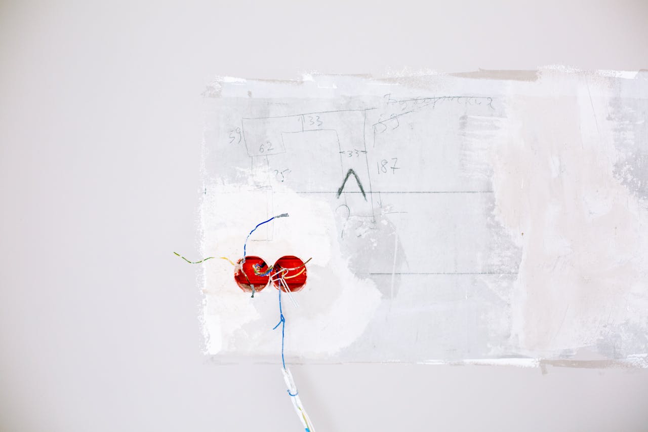 Close-up view of exposed electric wiring being installed during home renovation on a white wall.